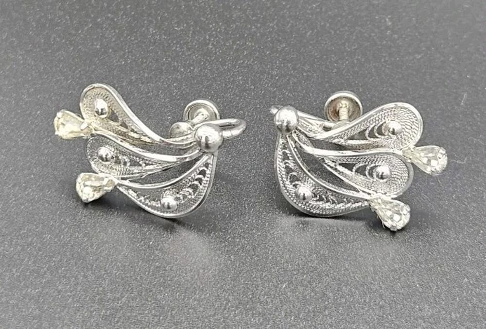 Vintage Sterling Silver Filigree Clip Earrings Clear Stones Lang Mark